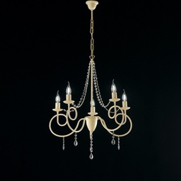[BL148-5-AV] Lampadario in ferro Avorio cinque luci decorazione decape e strass 58x h72 cm