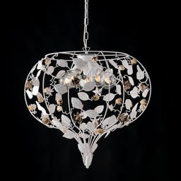 [BL196-5-BCO] Lampadario in ferro laccato bianco con decorazione shabby 5 luci e rifiniture avorio e tortora