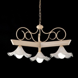[BL194-3-AV] Lampadario legno e ferro laccato avorio con decorazione decape 3 luci con vetro in piastra
