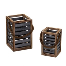 [V3717770000] Lanterna legno 1-2 marrone con manico corda quadro cm 19x19h28