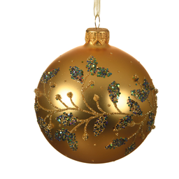 [20035413] Pallina di natale colore oro lucido disegno con rami e foglie Ø8 cm