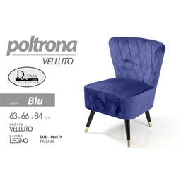 [GIC801679] Poltrona in velluto blu con piedi legno cm 63 x 66 x 84 h