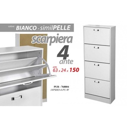 [GIC768804] Scarpiera moderna bianca 4 ribalte ecopelle cm 63 x 24 x 150 h slim
