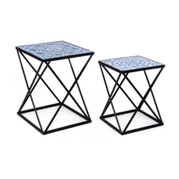 [B0740317] Set 2 tavolini NEAPOLIS in acciaio con piano in mdf decorato con stampa 55h 47h cm
