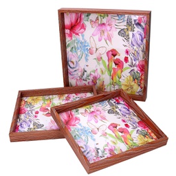 [V5925360000] Vassoio legno 1-3 fiori rosa bordo marrone cm30x30h3,3