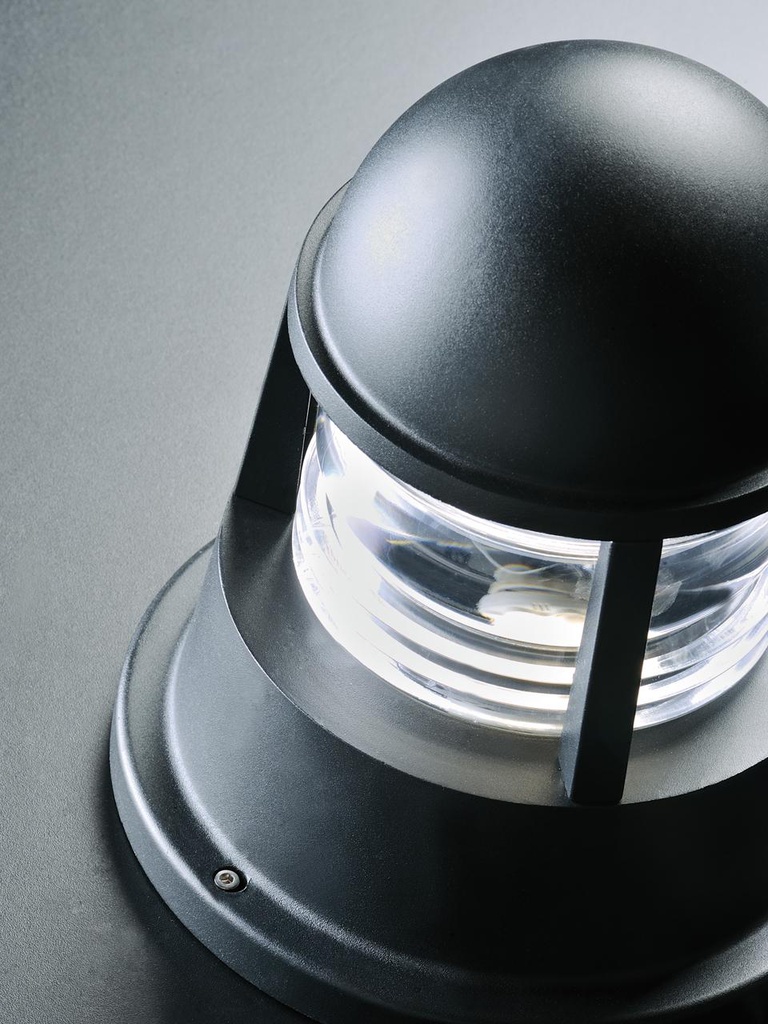 Lampada da esterno in alluminio pressofuso con diffusore in vetro trasparente e alette frangiluce grafite