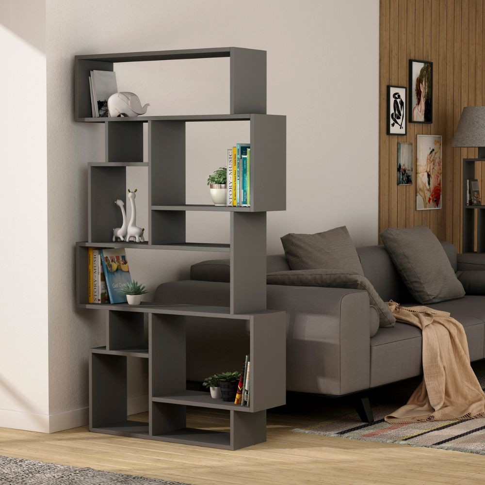 Libreria orizzontale bifacciale antracite con 10 scomparti aperti L 96 x P 25,5 x H 168,5 cm