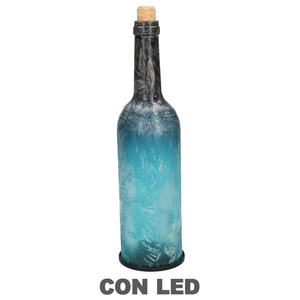Bottiglia vetro blu pavone con led tondo cmø8h29