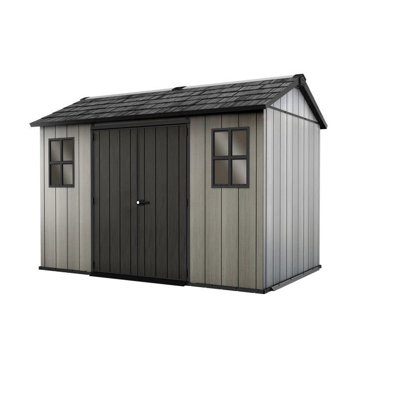 Casetta in duotech verniciabile grigio effetto legno 2 porte e 2 finestre 350x229xh.254 cm