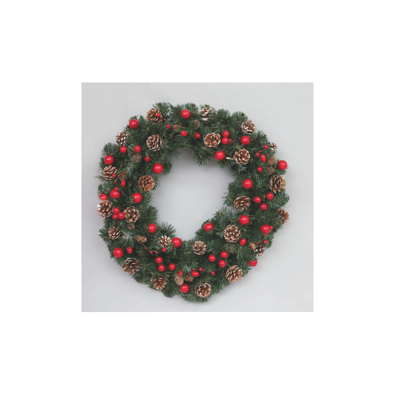 Corona 50 cm bacche rosse pigne nevate.