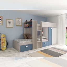 [FZ100293] Cameretta 1260 con letto a castello con due cassettoni e armadio colore bianco vintage e azzurro