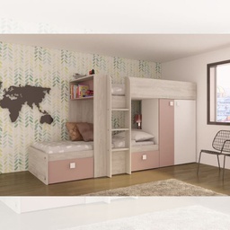 [FZ100294] Cameretta 1262 con letto a castello con due cassettoni e armadio colore bianco consumato e rosa antico