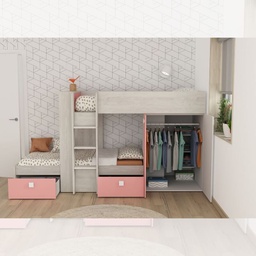 [FZ100297] Cameretta 1267 con letto a castello con due cassettoni e armadio colore bianco consumato e rosa flamingo