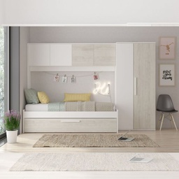 [FZ100286] Cameretta a ponte 6006 con letto estraibile e armadio colore bianco consumato e bianco