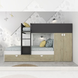 [FZ100306] Cameretta con letto a castello con cassettoni e armadio colore rovere e antracite