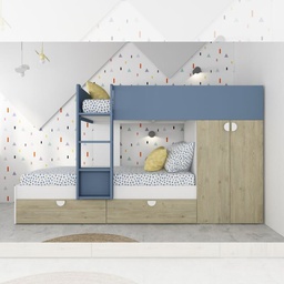 [FZ100304] Cameretta con letto a castello con cassettoni e armadio colore rovere e azzurro