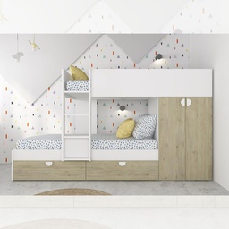 [FZ100303] Cameretta con letto a castello con cassettoni e armadio colore rovere e bianco