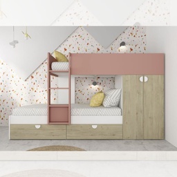 [FZ100305] Cameretta con letto a castello con cassettoni e armadio colore rovere e rosa antico