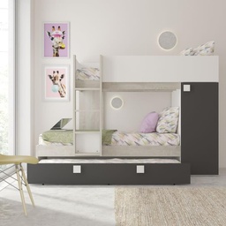 [FZ100302] Cameretta con letto a castello e letto estraibile con armadio integrato colore bianco consumato e antracite