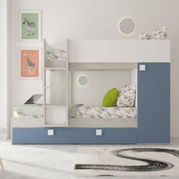 [FZ100299] Cameretta con letto a castello e letto estraibile con armadio integrato colore bianco consumato e azzurro