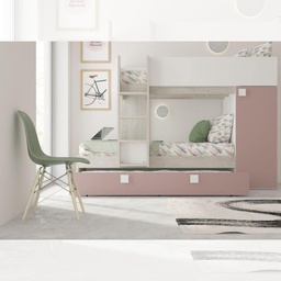 [FZ100301] Cameretta con letto a castello e letto estraibile con armadio integrato colore bianco consumato e rosa antico