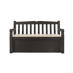 [K217467] Cassapanca in resina con finitura effetto legno, marrone con seduta beige 140x60xh.84 cm