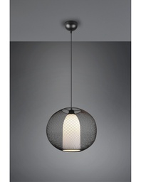[TRIO313900132] Lampadario Sospensione Diffusore Gabbia Tonda Metallica Nero Con Vetro Opale Filo Trio Lighting