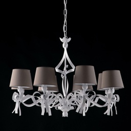 [BL184-8-BCO] Lampadario ferro laccato bianco con decorazione shabby 8 luci con paralumi in pvc tortora
