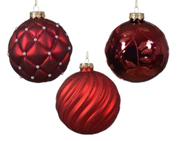 [20102258] Pallina di Natale Globo di vetro lucido-opaco con linee a scacchi e foglia 3 pezzi colore Natale rosso/colore  ø 10cm