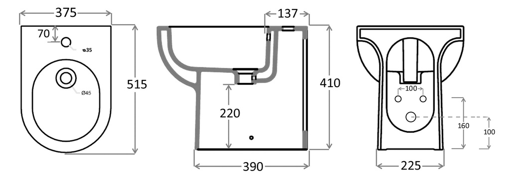 Bidet a filo muro con erogazione rubinetto
