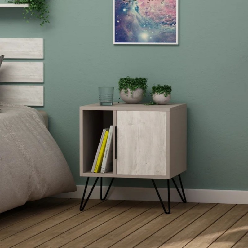 Comodino tortora bianco con anta e vano Glynn  50x44xh.60 cm