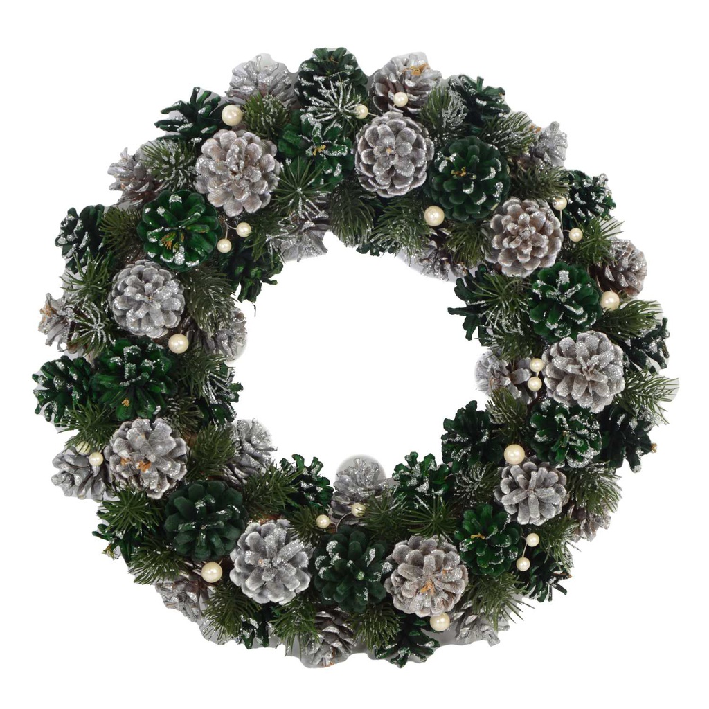 Coroncina con pigne argento verde cm ø30