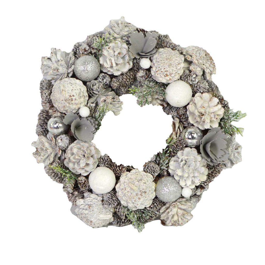 Coroncina con pigne glitter argento cm ø45