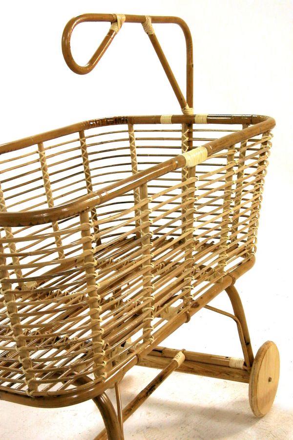 Culla per bambini in giunco con ruote in legno 97x57xh.43-79 cm