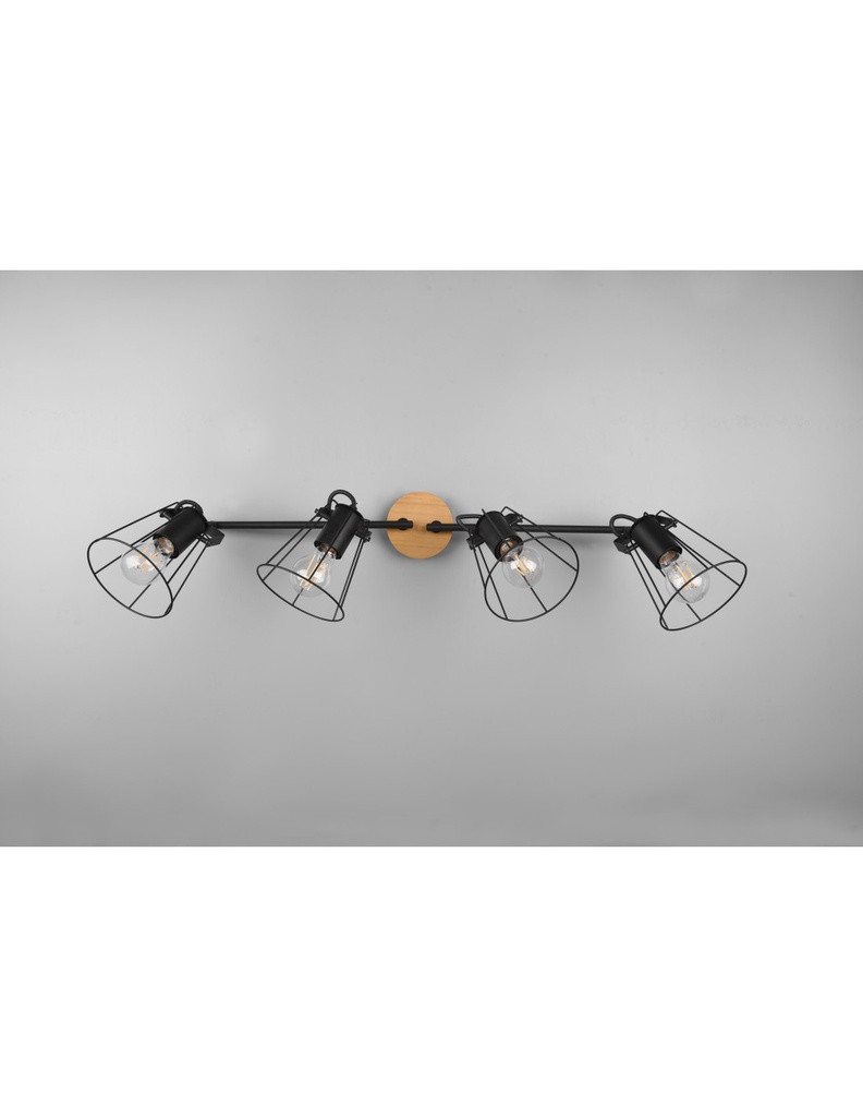 Faretto 4 Spot Orientabili Jaipur Industriale Vintage Nero E Legno Trio Lighting