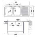 Lavello cucina due vasche con gocciolatoio dx acciaio da appoggio 50x120 cm(N127DX) EFFEZ