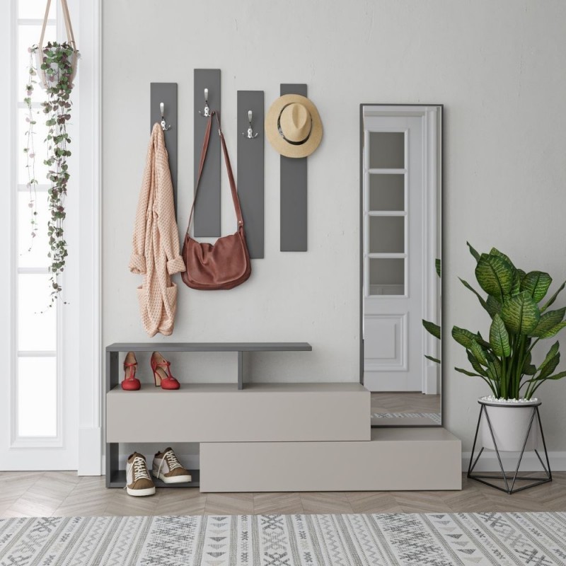 Mobile da ingresso tortora e antracite con specchio Ramda 137x35xh.154 cm