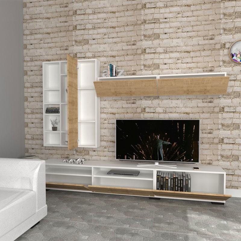 Parete attrezzata base 3 ribalte pensile 2 ante bianco rovere 270x35xh.45 cm