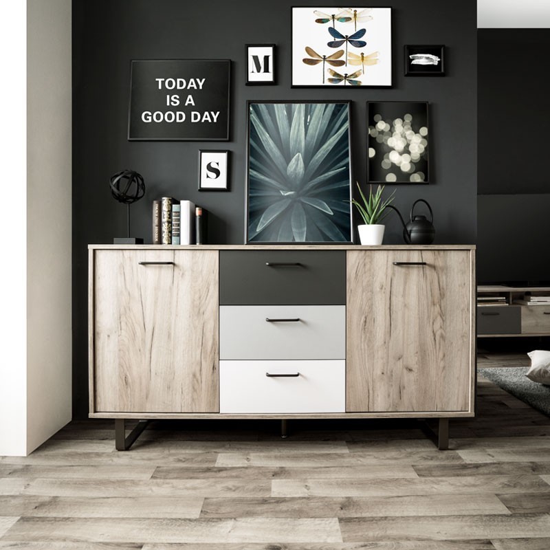 Madia 2 ante 3 cassetti colorati rovere grigio 160x35xh.86 cm