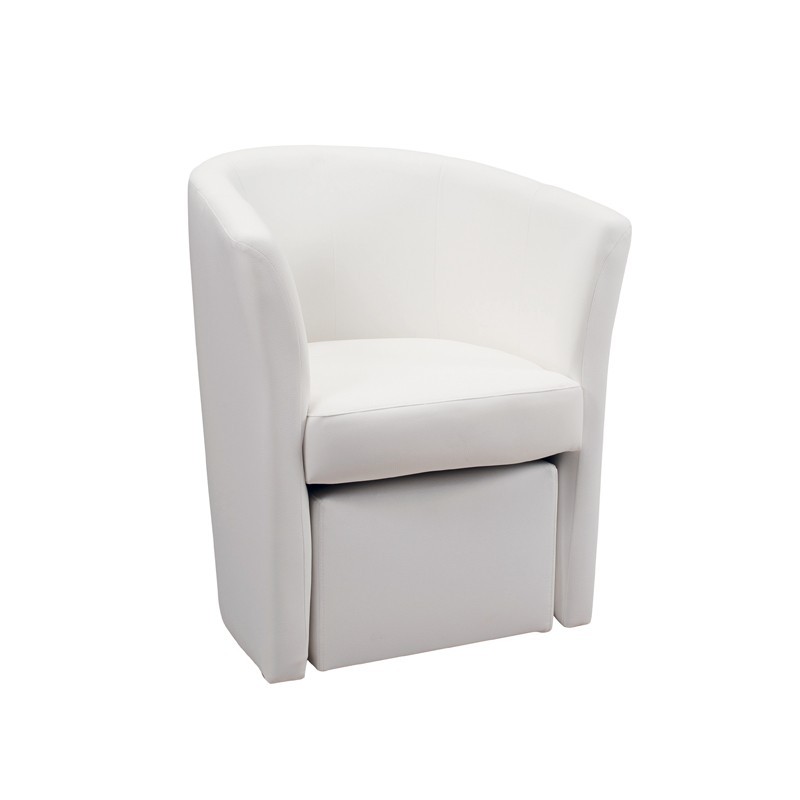 Poltrona imbottita rivestita in ecopelle bianca e pouff estraibile 64x63xh.76