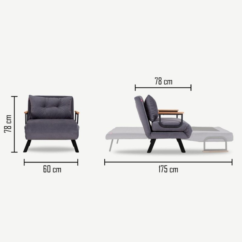 Poltrona letto pieghevole Sando in tessuto grigio  60 x78xh.78 cm