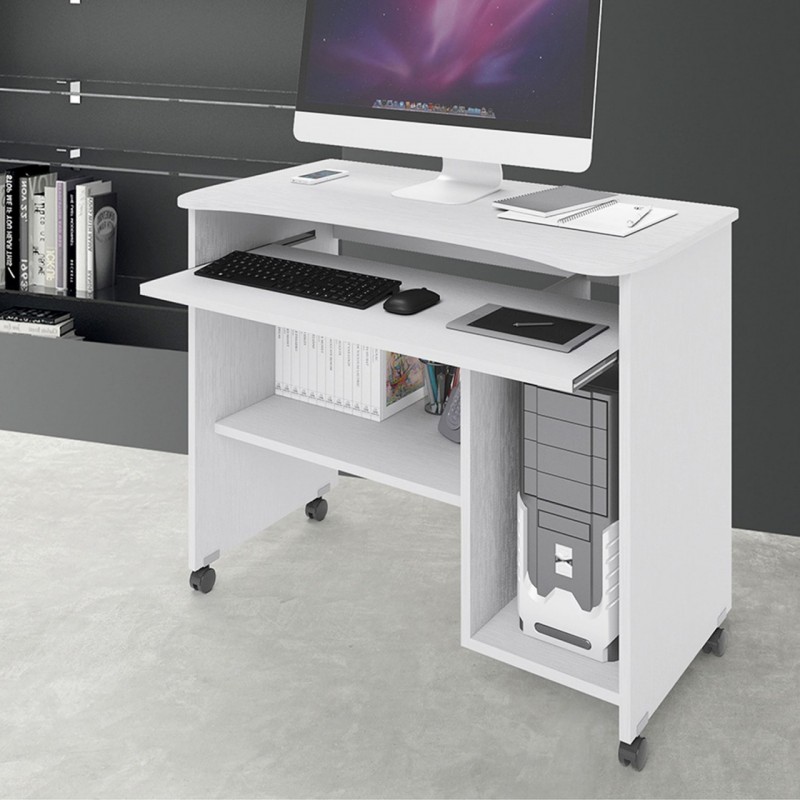 Portacomputer Bianco con ruote in legno nobilitato H.76x93 x48,5 cm Iperbriko