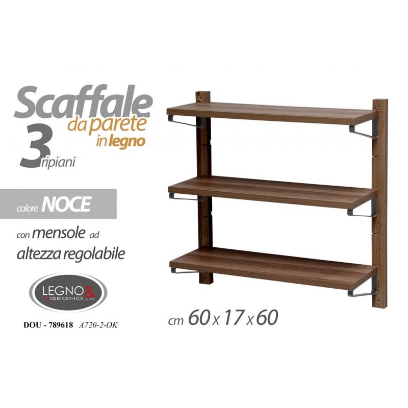 Scaffale a parete in legno 3 ripiani regolabili 60x17xh.60 cm