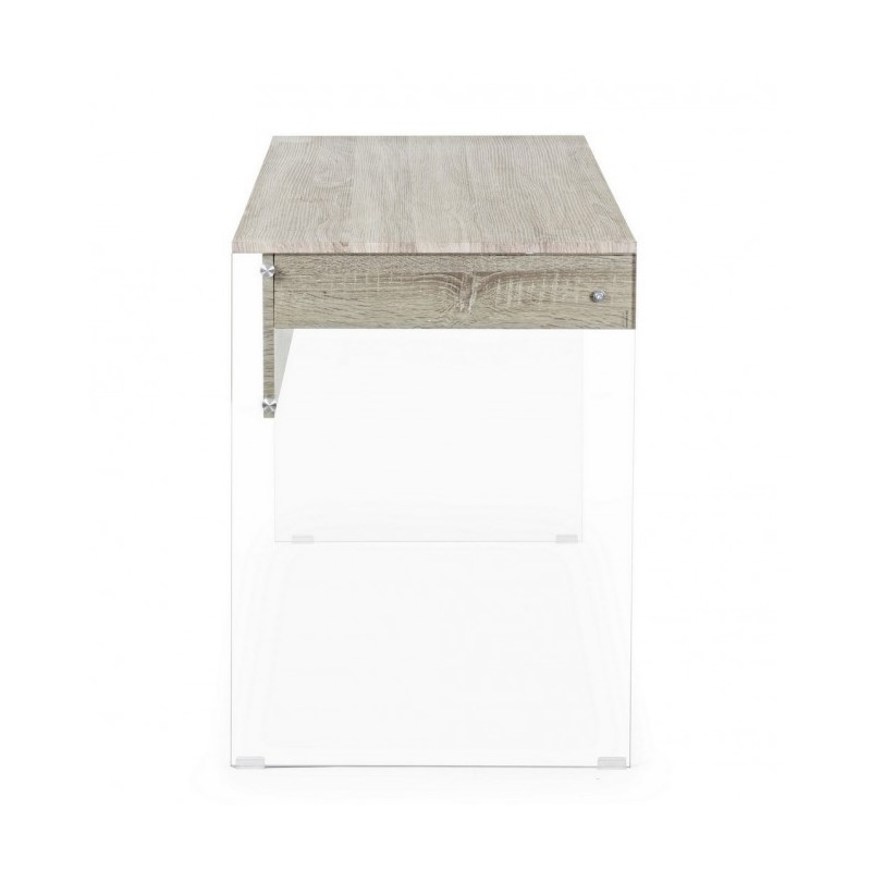 Scrivania di design in legno naturale Armos 1 cassetto e gambe in vetro 110x55x 76h cm
