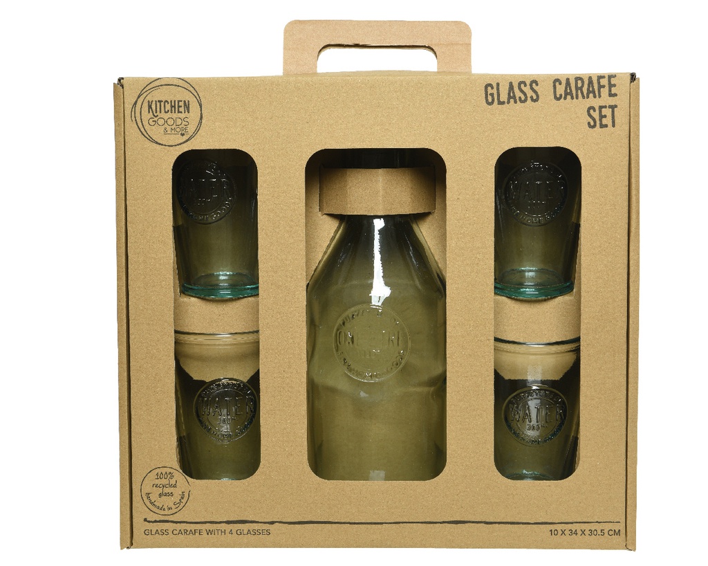 Set 5 pz acqua Caraffa con coperchio in sughero e 4 bicchieri di vetro chiaro riciclato