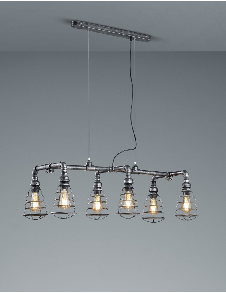 Sospensione 6xE27 Industrial Argento Anticato Gotham L102 cm Trio Lighting