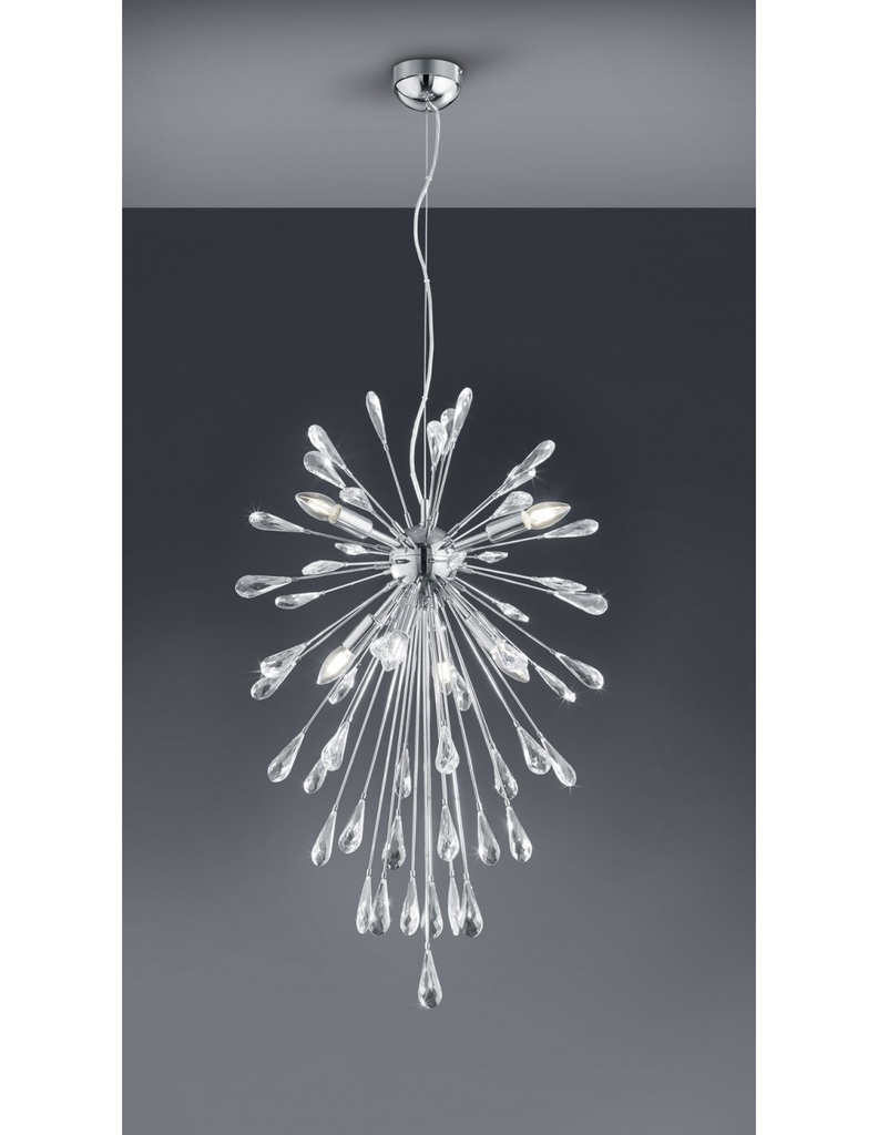 Sospensione Fuochi d'Artificio 7 Luci Minsk Cromo con Gocce Cristallo Trio Lighting