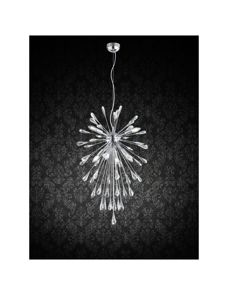 Sospensione Fuochi d'Artificio 7 Luci Minsk Cromo con Gocce Cristallo Trio Lighting