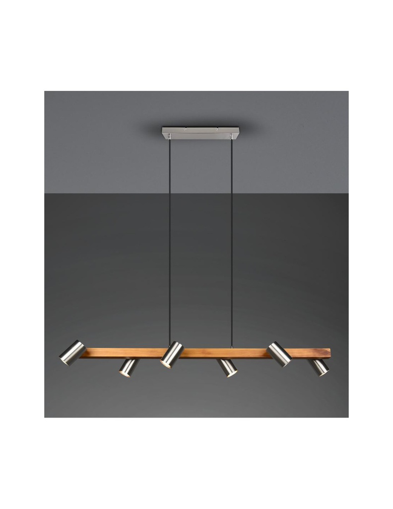 Sospensione Isola Legno 6 Spot Nichel Cilindrici Orientabili Marley Trio Lighting