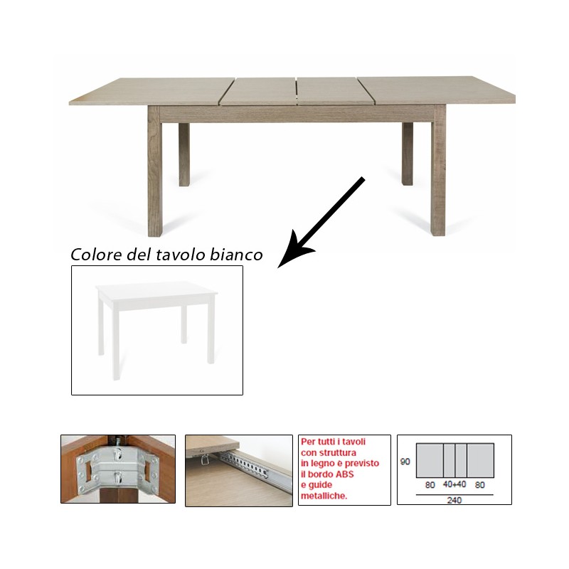 Tavolo pranzo allungabile bianco interamente legno nobilitato cm 90x160-240